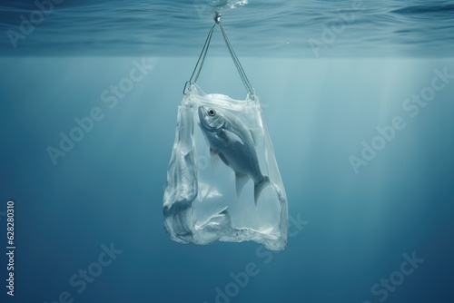 Fish in plastic bag thrown into the sea, plastic pollution underwater in the ocean. World oceans day. Eco concept. Pollution in ocean concept. Design for poster with copy space