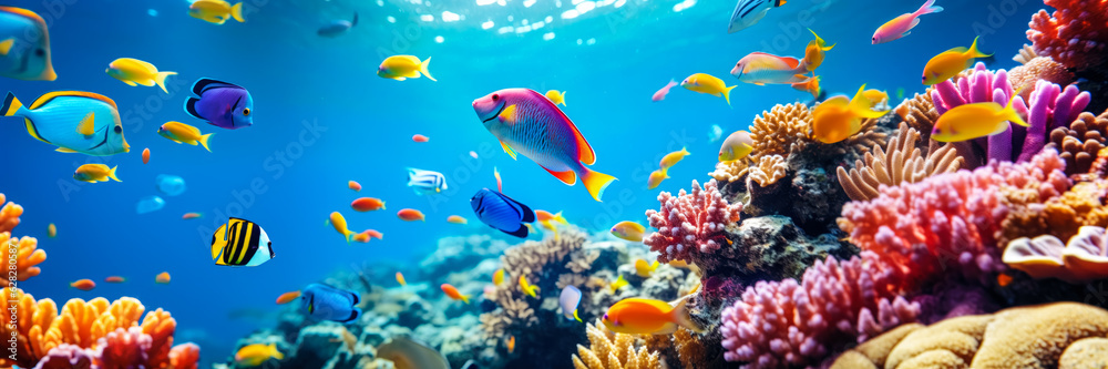 Colourful tropical sea fish swimming over coral reef, wide banner. Generative AI