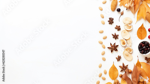 Dried Autumn and Fall Fruits, Leaves, Nuts, and Foliage - FlatLay Overhead View Isolated on White Background - CozyCore Aesthetic with Copy Space - Generative AI photo