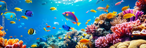 Colourful tropical sea fish swimming over coral reef, wide banner. Generative AI
