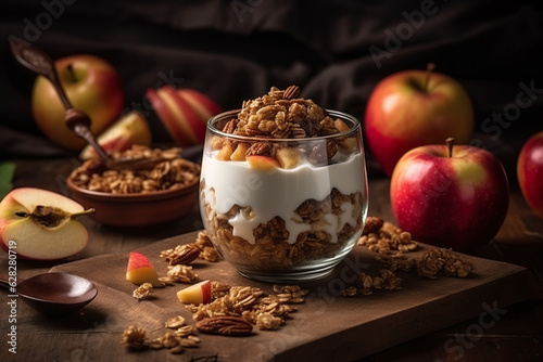 Tasty yogurt with apple slices and lots of granola. Jar of healthy apples smoothie with yogurt, apples and granola. Nutritious and healthy yogurt breakfast. Generative AI