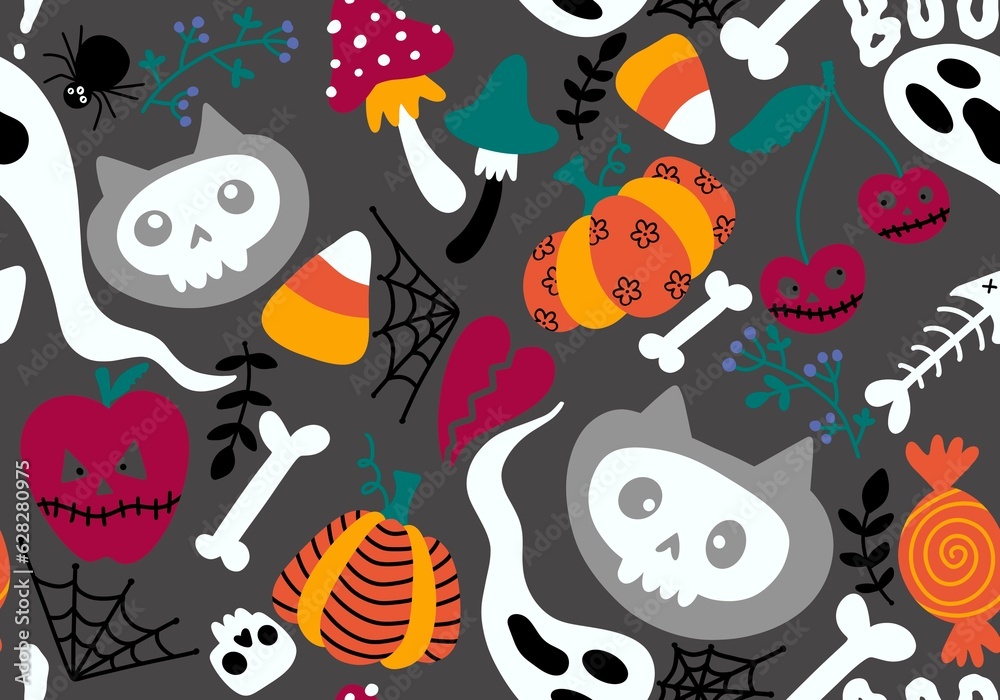 Cartoon Halloween cats seamless pumpkins and skulls and ghost and mushrooms pattern for wrapping paper Cartoon Halloween cats seamless pumpkins and skulls and ghost and mushrooms pattern for wrapping paper