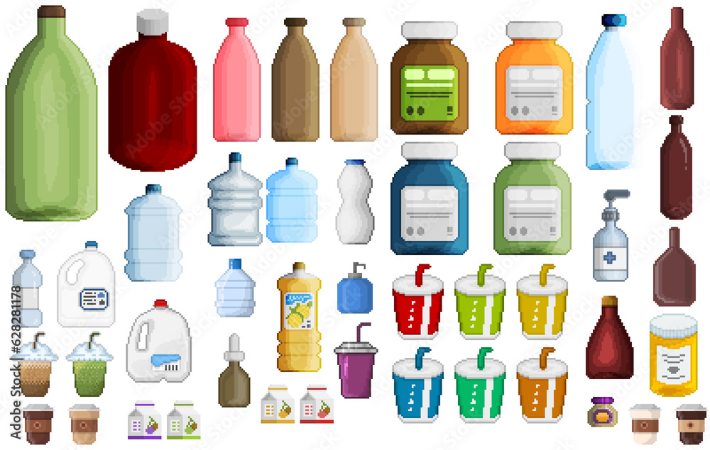 Set of bottles container product packaging disposable plastic transparent pixelart style