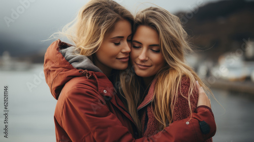 Portrait of two beautiful young twins women in warm clothes hugging each other.