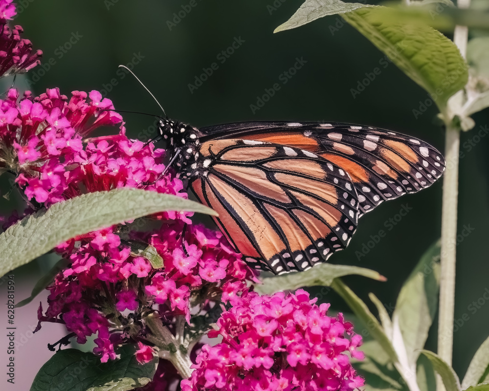 Φωτογραφία An endangered Monarch Butterfly (Danaus plexippus) feeding on fuchsia pink Miss Molly butterfly bush flowers