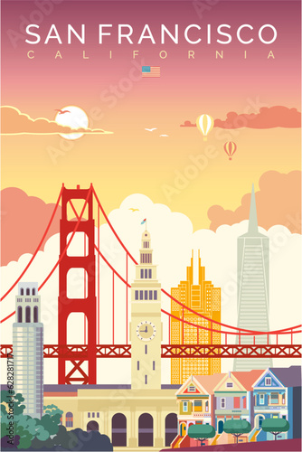 San Francisco city sunset vintage poster vector illustration, California.