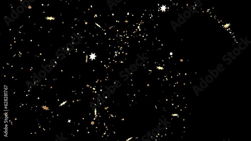 Animated golden confetti burst. 3d render, depth of field, alpha matte.