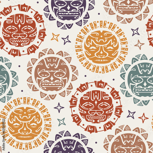 Angry Sun Faces tribal pattern. Maori Tattoo Ornament Seamless Pattern. Ethnic Mask. Vector illustration