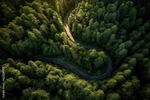 Aerial view mountain paths rural road. Winding road through a lush forest from an aerial perspective. Beautyfull curve road on green forest in the rain season background. Generative AI
