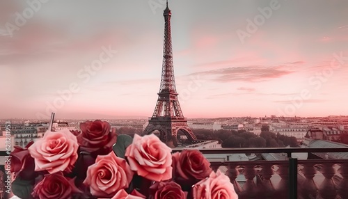 eiffel tower and rose. Created with Generative AI Technology