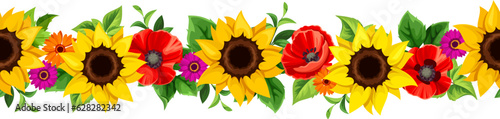 Floral seamless border with sunflowers, poppy flowers, and green leaves. Vector horizontal seamless garland