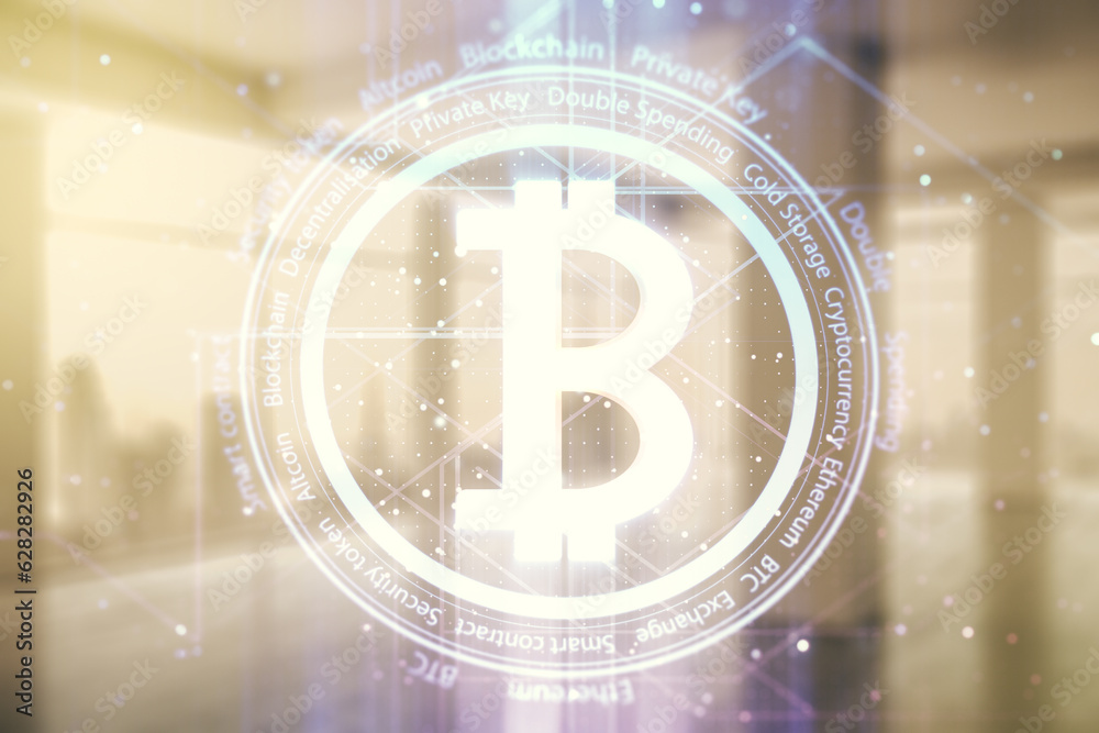 Double exposure of creative Bitcoin symbol hologram on empty room interior background. Mining and blockchain concept Double exposure of creative Bitcoin symbol hologram on empty room interior background. Mining and blockchain concept
