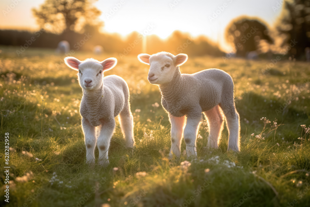 Fototapeta premium Two young lamb sheep on spring meadow looking curious into camera, nice warm afternoon sunlight haze. Generative AI