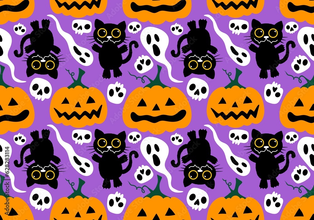 Obraz premium Halloween autumn harvest season pumpkins and cat pattern for wrapping paper and kids clothes print and festive