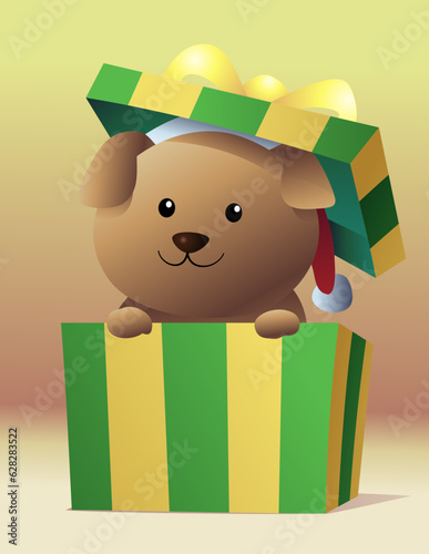 Vector illustration of cute cartoon dog popping out his head from a gift box