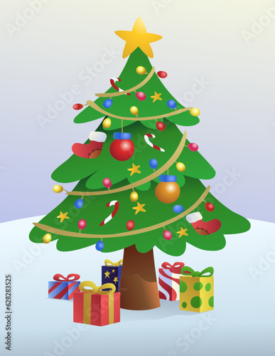 Vector illustration of christmas tree and a lot of gifts in the snow