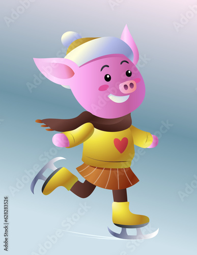Vector illustration of cute cartoon pig wearing winter chlothes ice skating in the snow