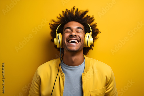 man with headphones on yellow background 