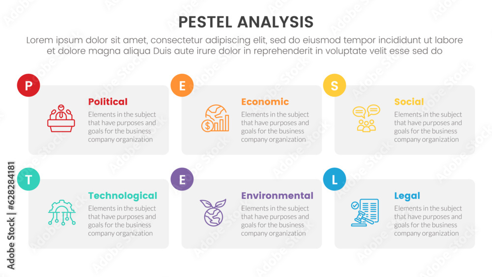 pestel business analysis tool framework infographic with table box and small circle badge 6 point stages concept for slide presentation vector