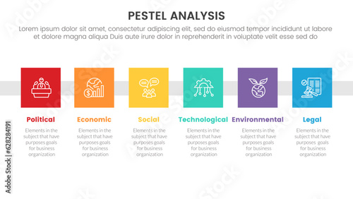 pestel business analysis tool framework infographic with small square badge right direction 6 point stages concept for slide presentation vector