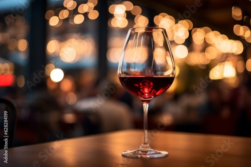  a glass of red wine on a table in a restaurant at night