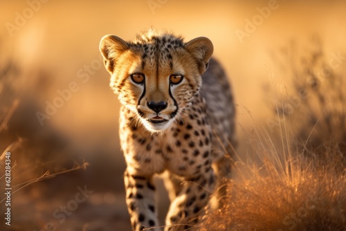 a guepard in african grassland walking towards the camera slowly