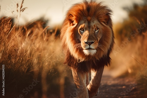 a male lion in african grassland walking towards the camera slowly