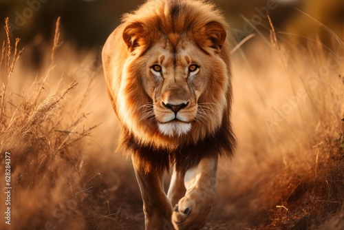 a male lion in african grassland walking towards the camera slowly