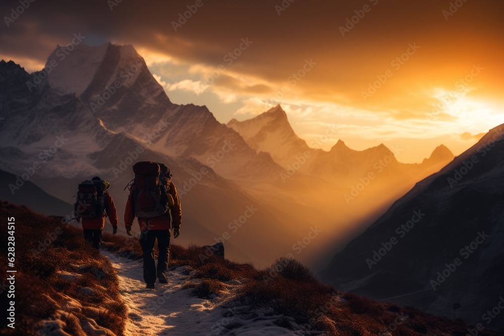 alpinists hiking in the mountains of the himalayas at sunset