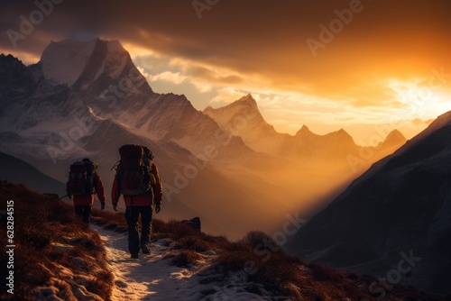 alpinists hiking in the mountains of the himalayas at sunset © urdialex