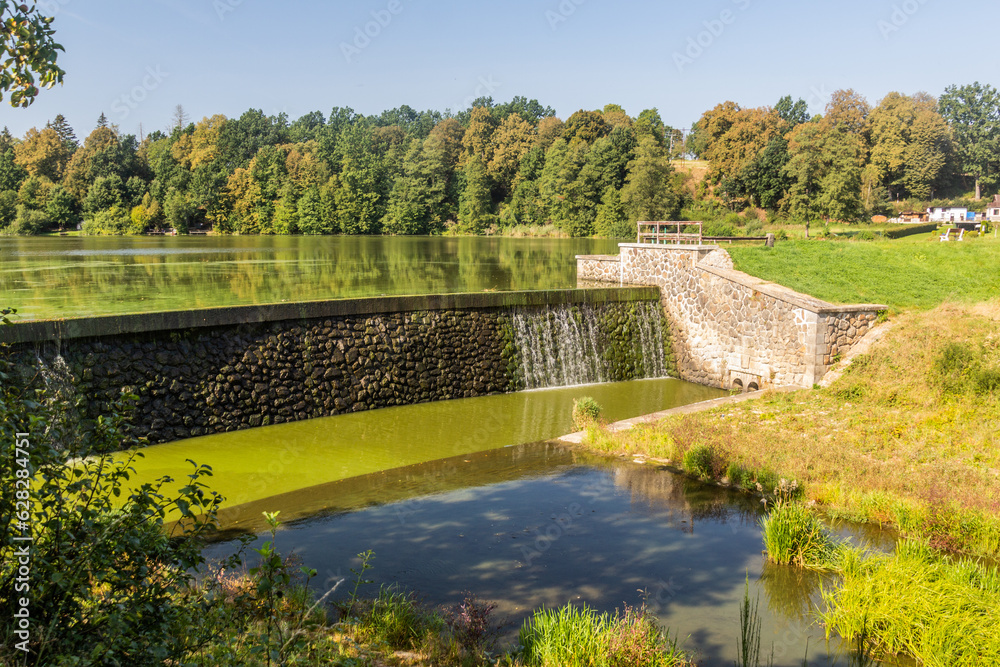 Fototapeta premium Dam of Kambersky rybnik pond in Kamberk village, Czech Republic