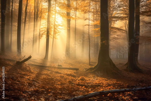 Autumn forest landscape in sunlight