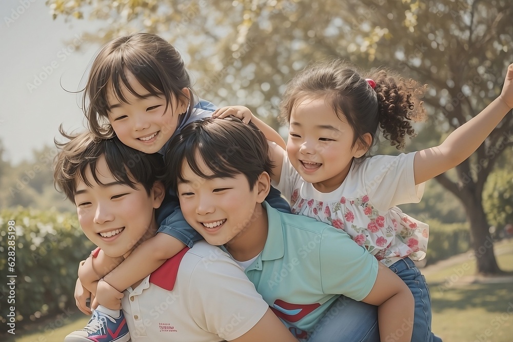 Fototapeta premium Couple giving two young children piggyback rides smiling