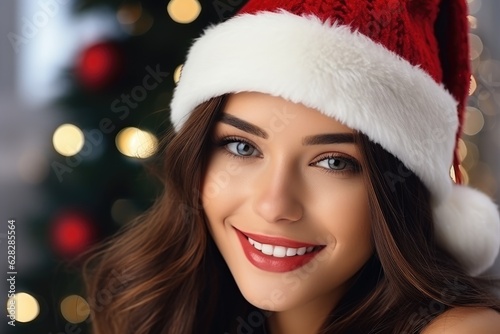 Smiling woman wearing Santa Claus hat. Generative AI