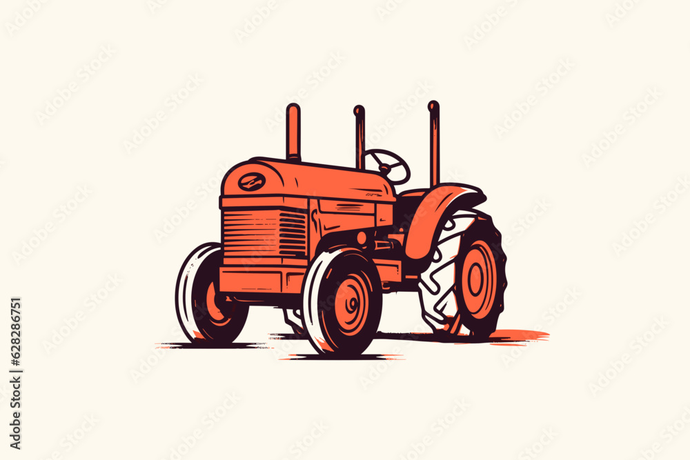 Doodle inspired Old tractor, cartoon sticker, sketch, vector