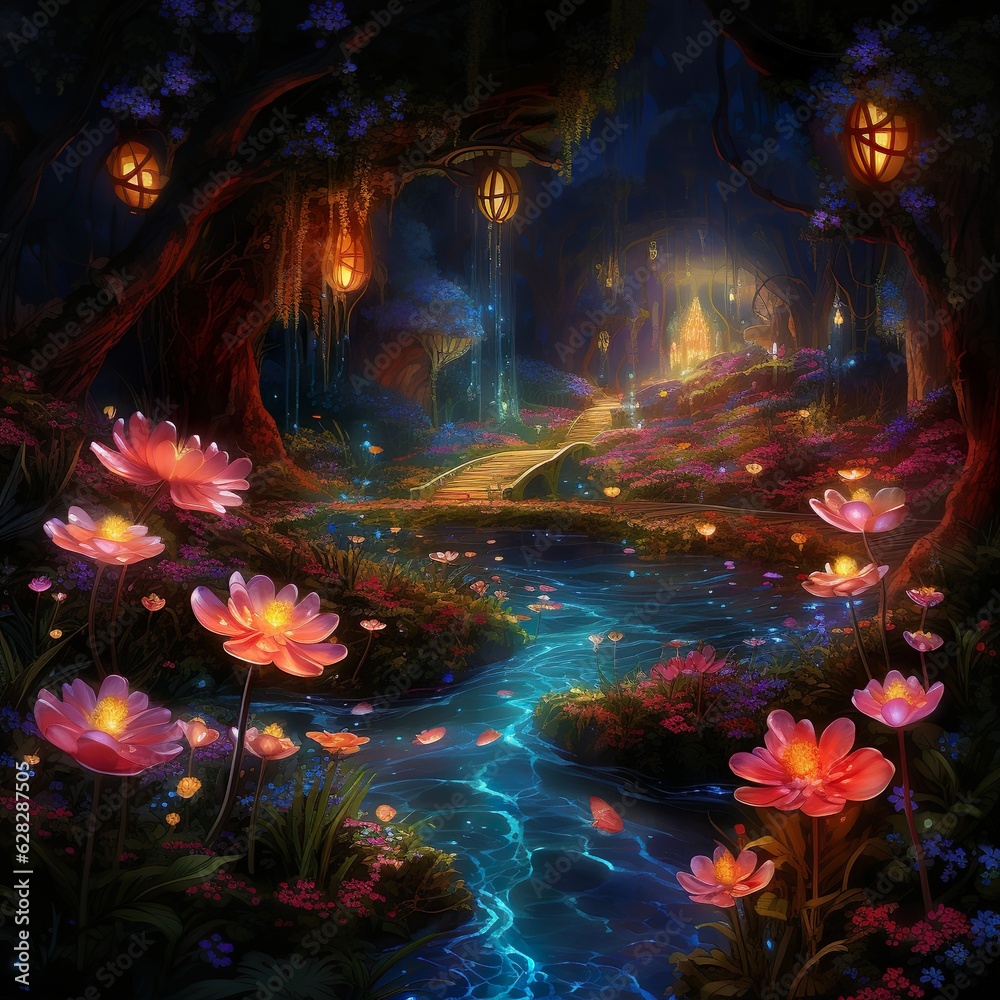 Obraz premium a garden with glowing shiny flowers and magic flowers | Generative AI