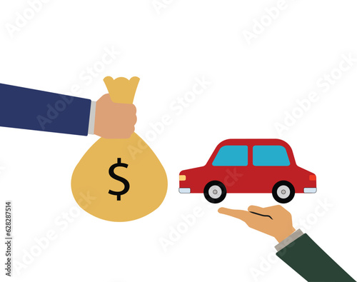 Hand of a buyer give money bag to a car dealer. Car loan business or buying vehicle concept.