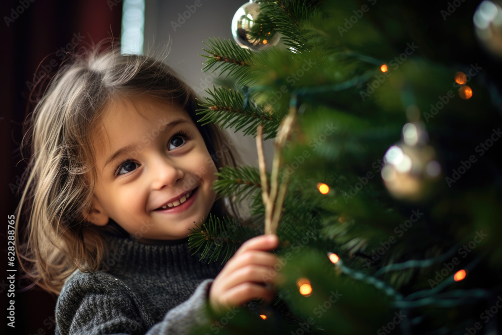 Smiling little girl is excited as she decorates the Christmas tree. Generative AI