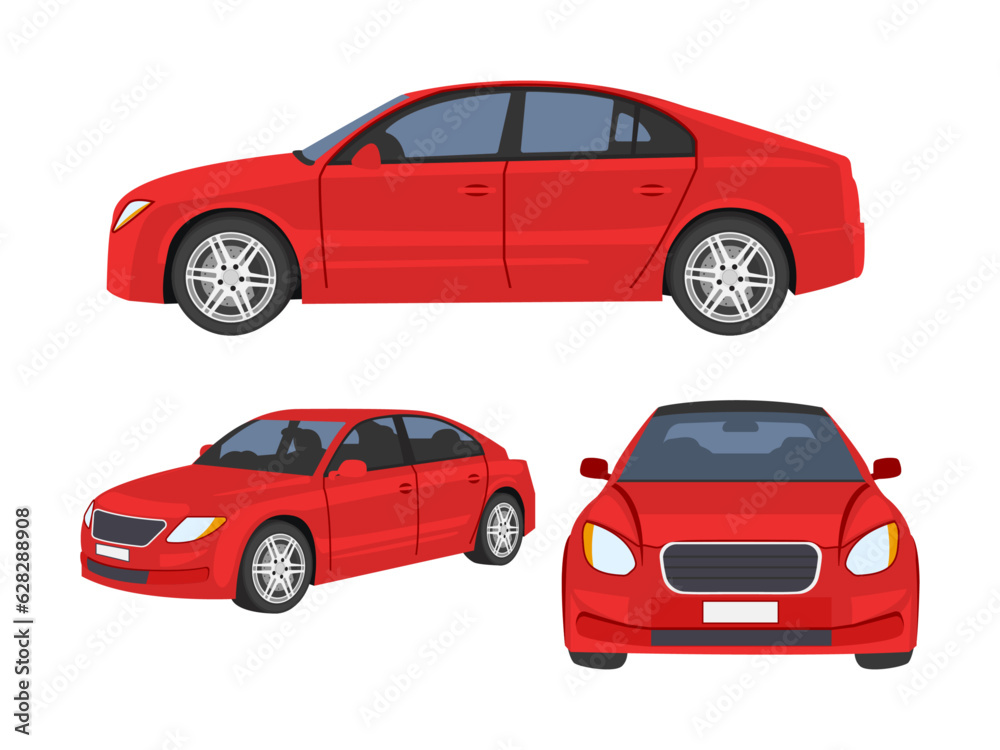 red car isolated on white background, side, front views