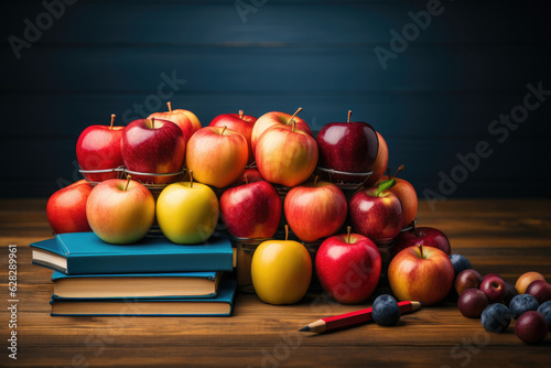 School supplies for students. Chalkboard, pencils, crayons and apples