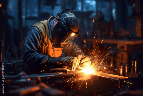Working person about welder steel using electric welding machine. The welder produces welding parts. Industrial worker welding. Realistic 3D illustration. Generative AI