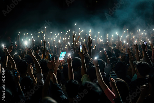 A crowd of people at a live event, concert or party holding hands and smartphones up. Generative AI © LeitnerR