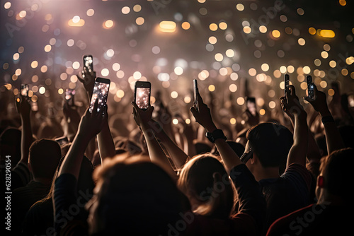 A crowd of people at a live event, concert or party holding hands and smartphones up. Generative AI
