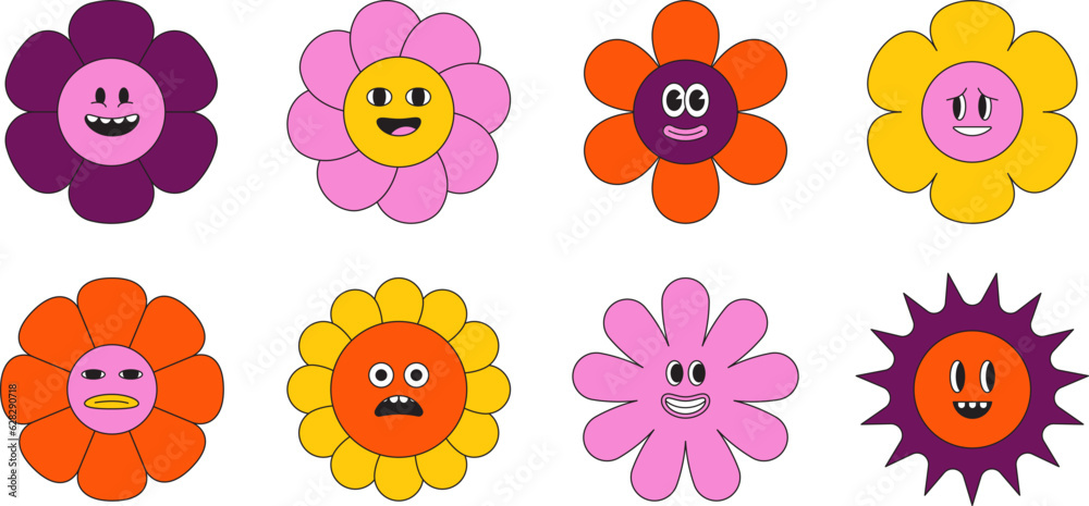 Vector illustration in simple naive and hippie groovy style - flowers and plants with smiling faces, stickers, posters, design templates, happy flowers prints Vector illustration in simple naive and hippie groovy style - flowers and plants with smiling faces, stickers, posters, design templates, happy flowers prints