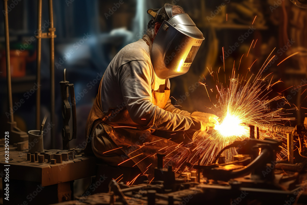 Working person about welder steel using electric welding machine. The welder produces welding parts. Industrial worker welding. Realistic 3D illustration. Generative AI Working person about welder steel using electric welding machine. The welder produces welding parts. Industrial worker welding. Realistic 3D illustration. Generative AI