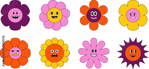 Vector illustration in simple naive and hippie groovy style - flowers and plants with smiling faces, stickers, posters, design templates, happy flowers prints