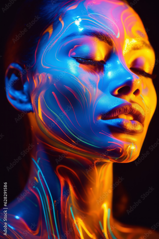 Close up of a beautiful woman's face illuminated by colorful neon lights. Beauty and fashion concept. Generative AI.
