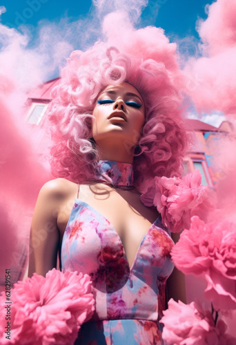 Beauty model with pink wig out of clouds, in the style of bold color blobs, fantastical street, floral explosions. Generative AI.