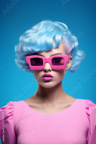 Beautiful woman with pastel blue hair and pink glasses. Fashion and beauty concept. Generative AI.