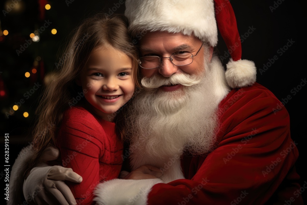 Cute and ruddy Santa Claus holds a 4 year old kid in his arms. Generative AI